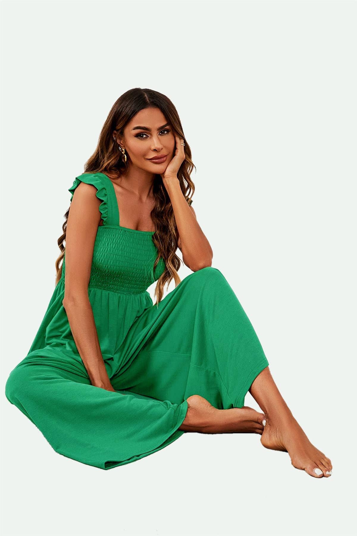 Frill Detail Strappy Jumpsuit In Green