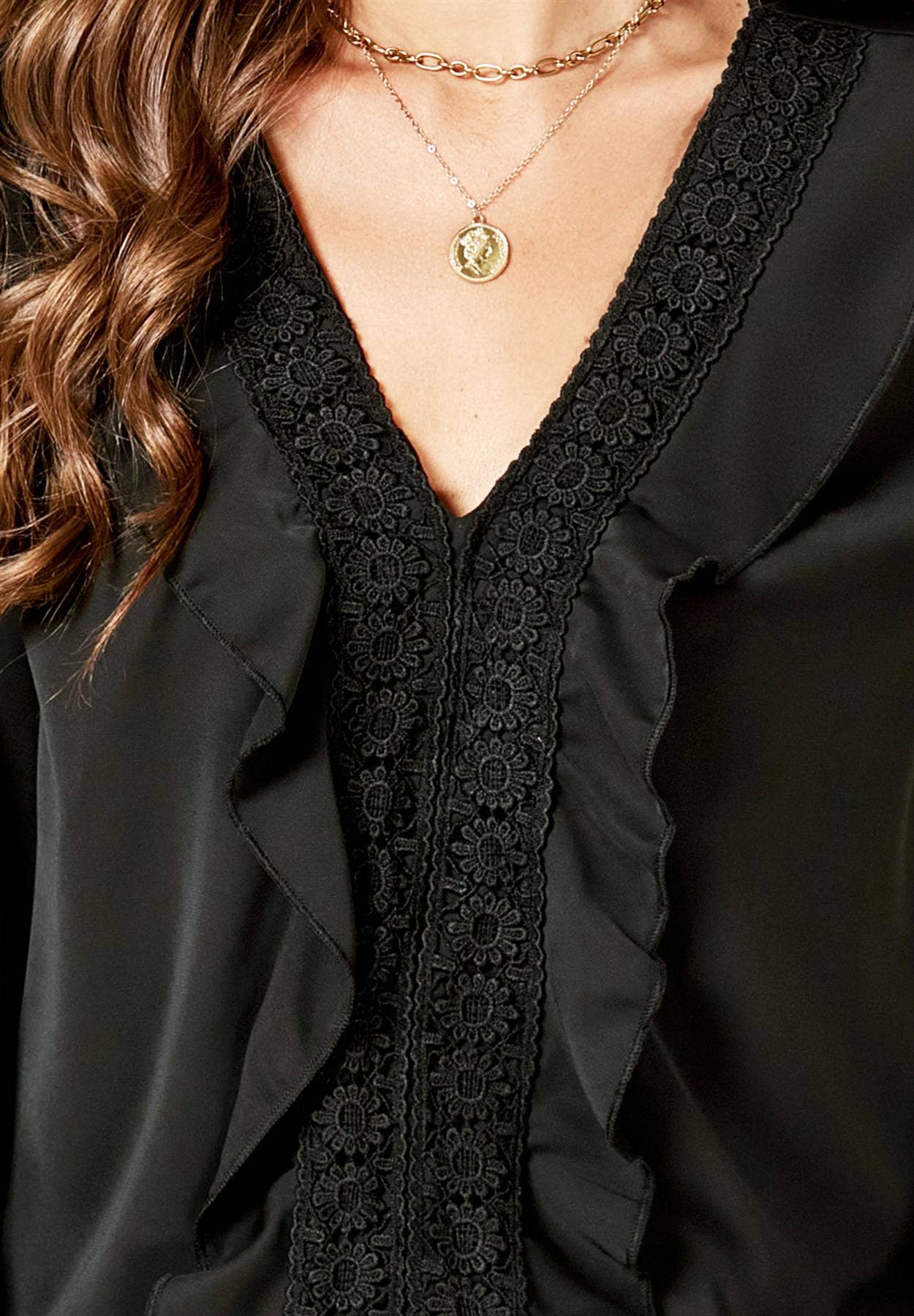 Lace Frill Detail Blouse Top In Black