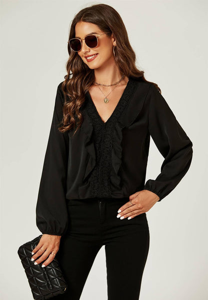 Lace Frill Detail Blouse Top In Black