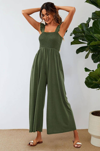 Frill Detail Strappy Jumpsuit In Olive