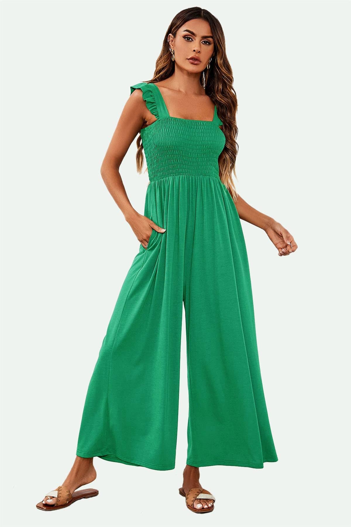 Frill Detail Strappy Jumpsuit In Green