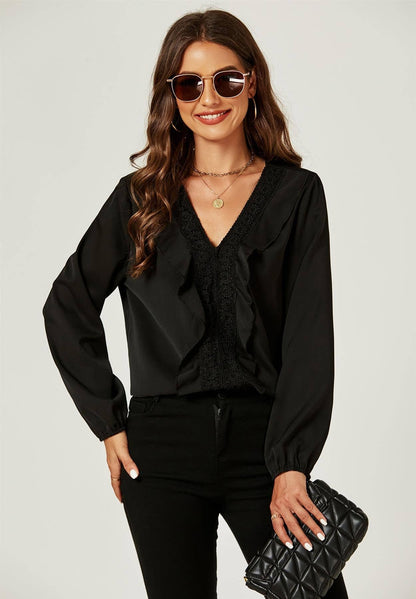 Lace Frill Detail Blouse Top In Black