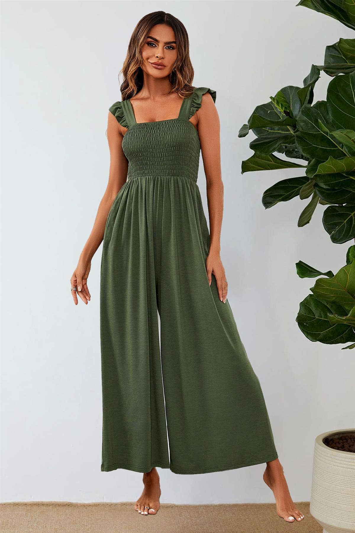 Frill Detail Strappy Jumpsuit In Olive