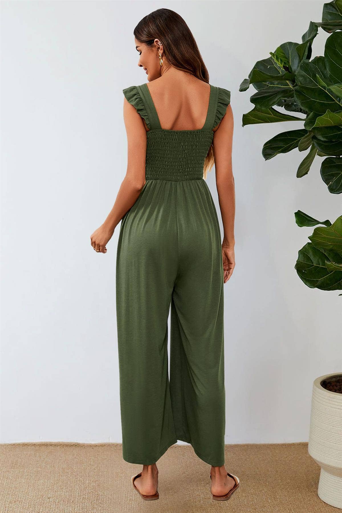 Frill Detail Strappy Jumpsuit In Olive