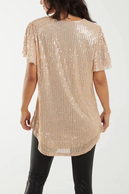 Angel Sleeve V-Neck Sequin Top