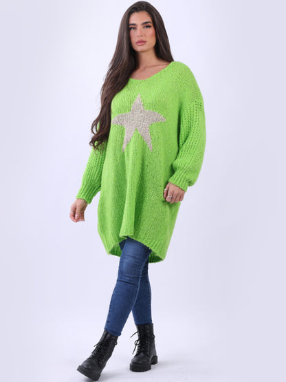 Plus Size Lagenlook Wool Knitted Longline Star Jumper