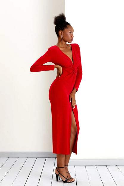 Long Sleeve Twist Maxi Dress in Red