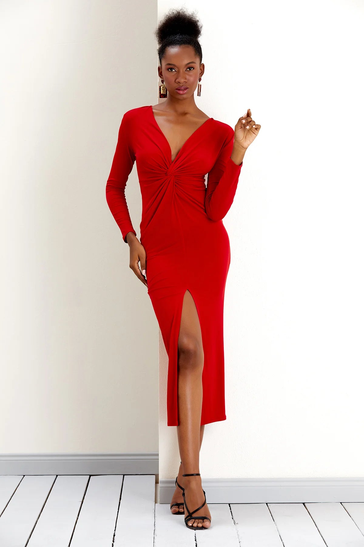 Long Sleeve Twist Maxi Dress in Red