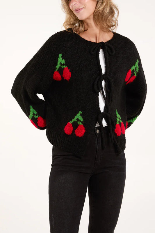 Triple Tie Bow Cherry Knit Cardigan