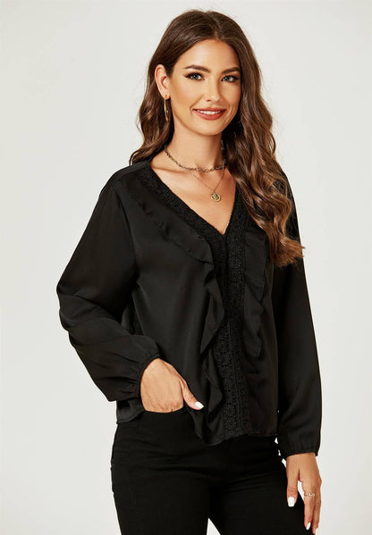 Lace Frill Detail Blouse Top In Black